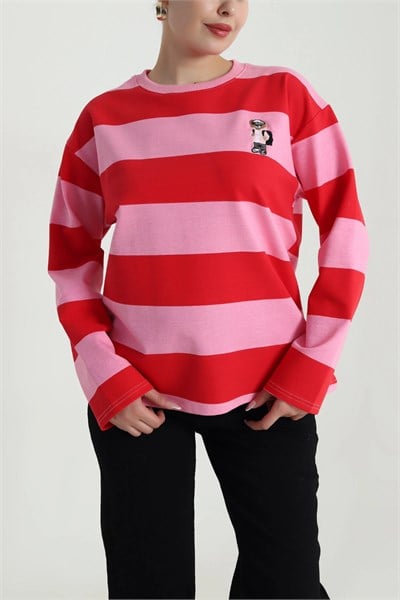 Uzun Kollu Çizgili Ayıcık Nakışlı Sweatshirt