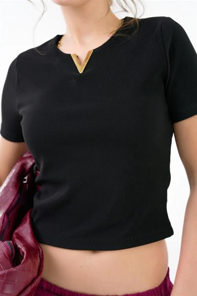 V Metal Aksesuarlı Ottoman Kumaş Crop Bluz