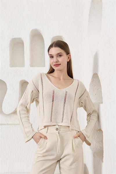 V Yaka Ajurlu Triko Bluz