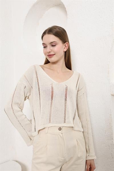 V Yaka Ajurlu Triko Bluz