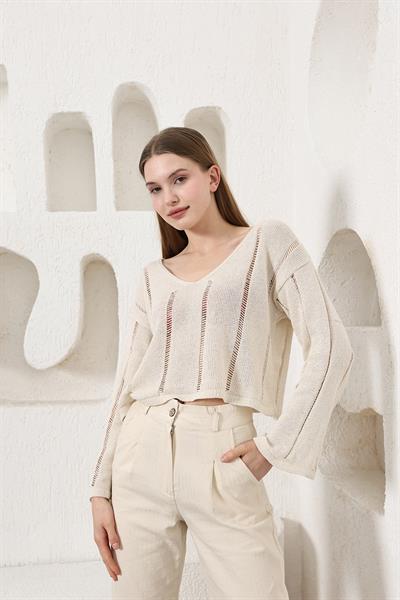 V Yaka Ajurlu Triko Bluz