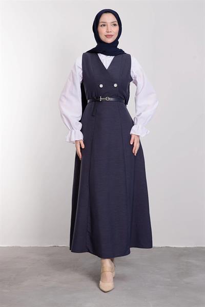 V Yaka Düğmeli Kemerli Elbise