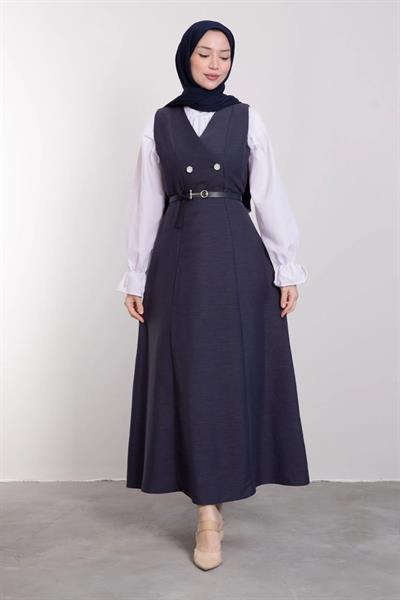 V Yaka Düğmeli Kemerli Elbise