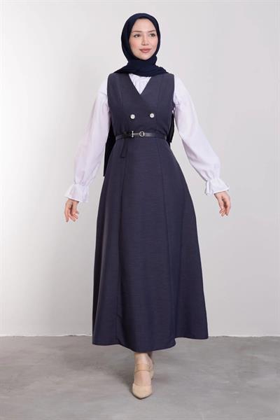 V Yaka Düğmeli Kemerli Elbise