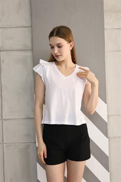 V Yaka Fırfırlı Kısa Kollu T-shirt
