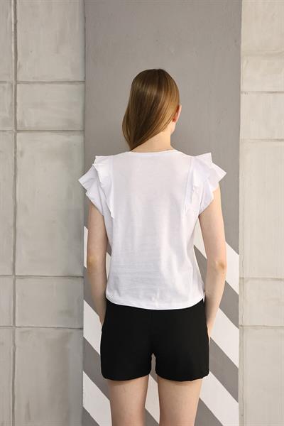 V Yaka Fırfırlı Kısa Kollu T-shirt