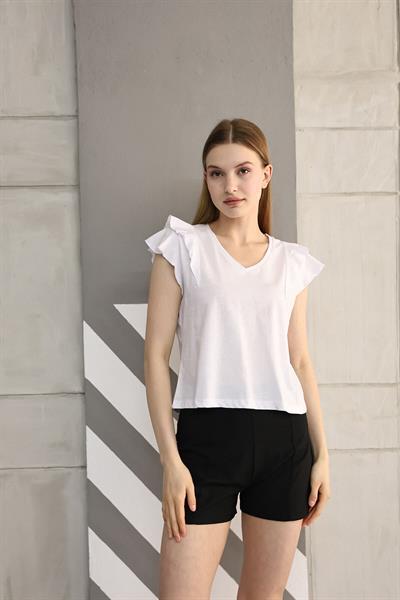 V Yaka Fırfırlı Kısa Kollu T-shirt