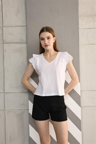 V Yaka Fırfırlı Kısa Kollu T-shirt