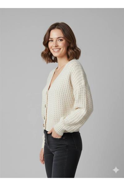 V Yaka Örgü Desenli Triko Hırka