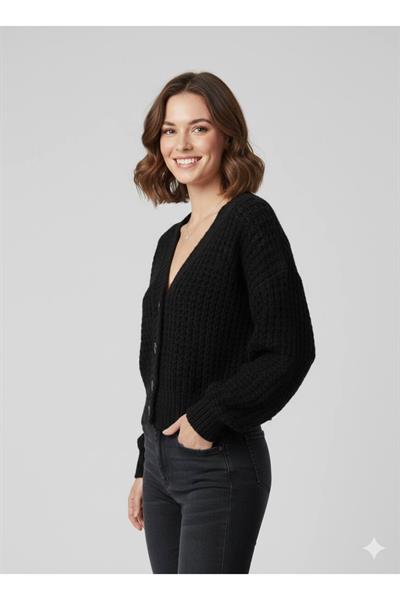 V Yaka Örgü Desenli Triko Hırka