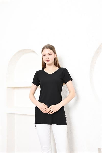 V Yaka Yanları Yırtmaçlı Basic Tshirt