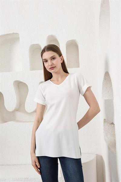 V Yaka Yanları Yırtmaçlı Basic Tshirt