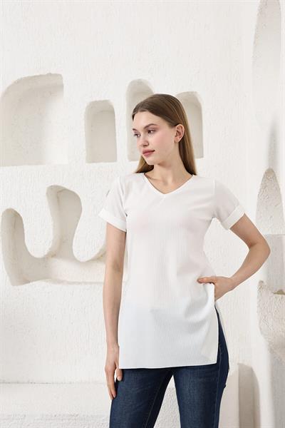 V Yaka Yanları Yırtmaçlı Basic Tshirt