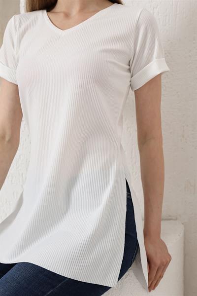 V Yaka Yanları Yırtmaçlı Basic Tshirt