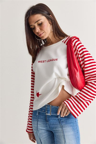 West League Baskılı Çizgili Kol Sweatshirt