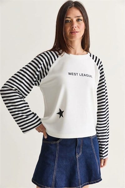 West League Baskılı Çizgili Kol Sweatshirt