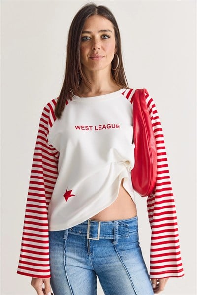 West League Baskılı Çizgili Kol Sweatshirt