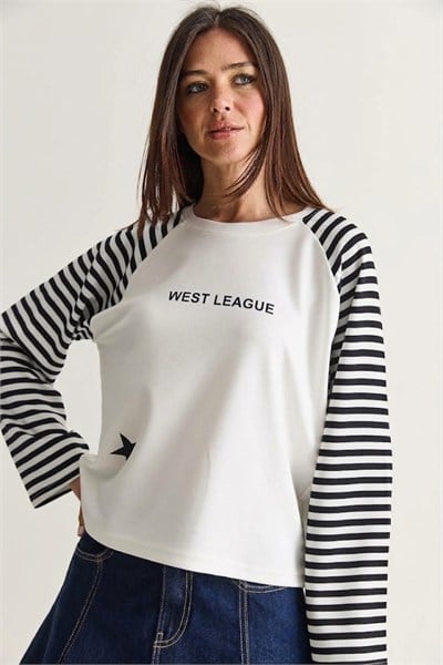 West League Baskılı Çizgili Kol Sweatshirt