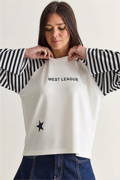 West League Baskılı Çizgili Kol Sweatshirt