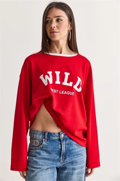 Wild Baskılı Bisiklet Yaka Oversize Uzun Kollu Sweatshirt