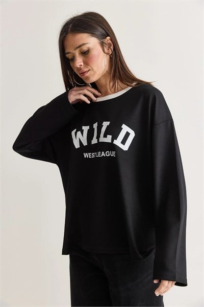 Wild Baskılı Bisiklet Yaka Oversize Uzun Kollu Sweatshirt