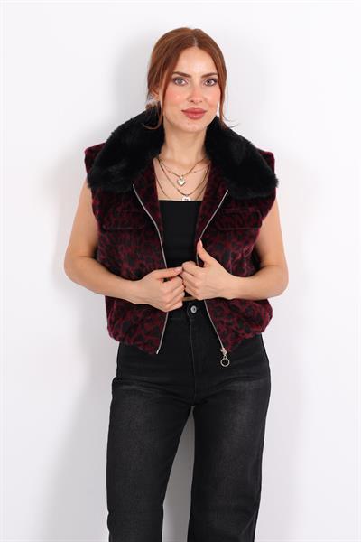Yaka Kürklü Leopar Desenli Fermuarlı Yelek