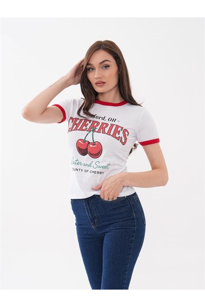 Yaka ve Kol Biyeli Kiraz Desen Tshirt