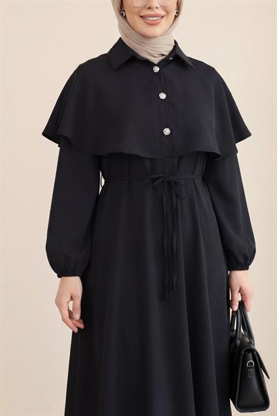 Yakalı Pelerin Detaylı Kolu Lastikli Elbise