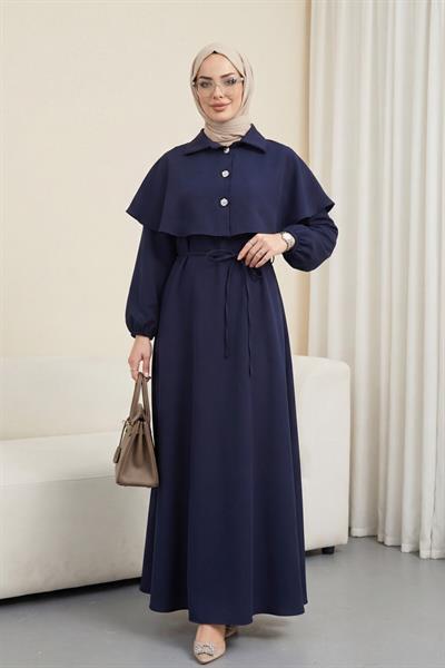 Yakalı Pelerin Detaylı Kolu Lastikli Elbise