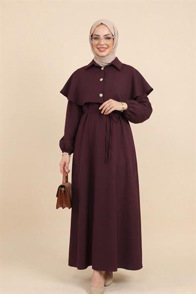 Yakalı Pelerin Detaylı Kolu Lastikli Elbise