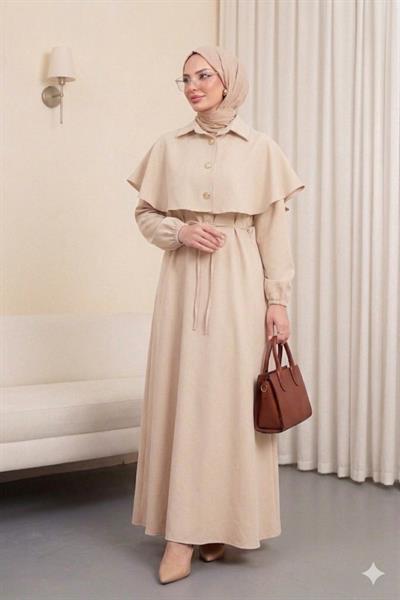 Yakalı Pelerin Detaylı Kolu Lastikli Elbise