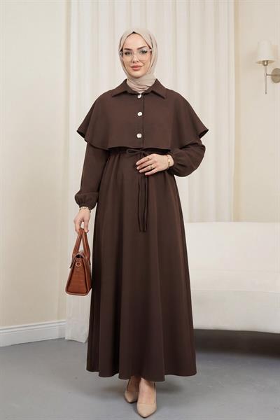 Yakalı Pelerin Detaylı Kolu Lastikli Elbise