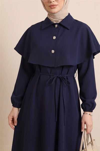 Yakalı Pelerin Detaylı Kolu Lastikli Elbise