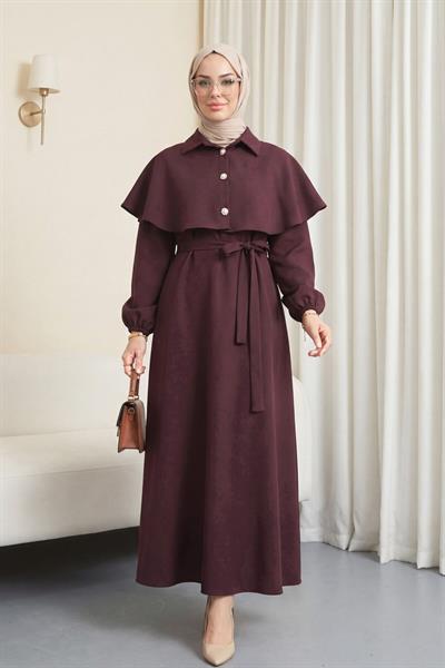 Yakalı Pelerin Detaylı Kolu Lastikli Elbise