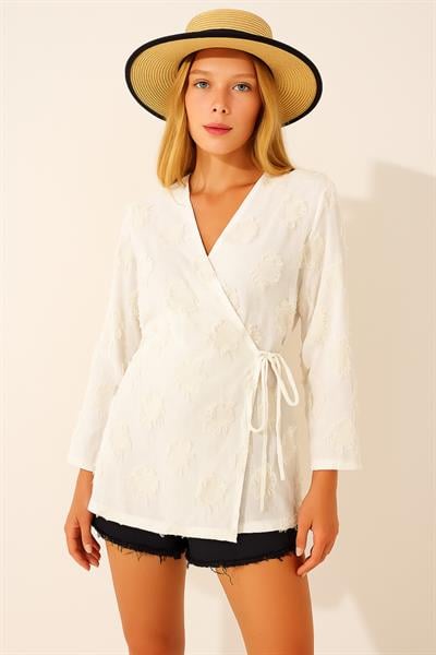 Yandan Bağlamalı Püskül Detaylı Kimono