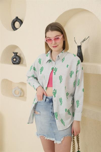 Yanları Sıkmalı Kaktüs Baskı Keten Gömlek