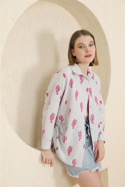 Yanları Sıkmalı Kaktüs Baskı Keten Gömlek