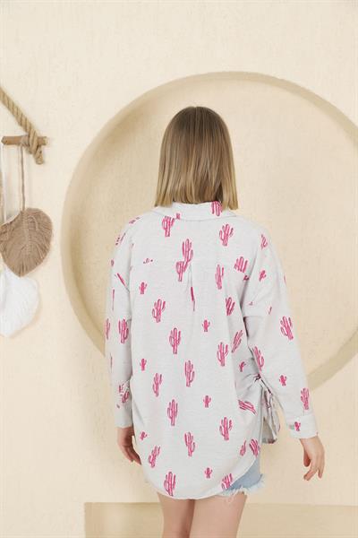 Yanları Sıkmalı Kaktüs Baskı Keten Gömlek