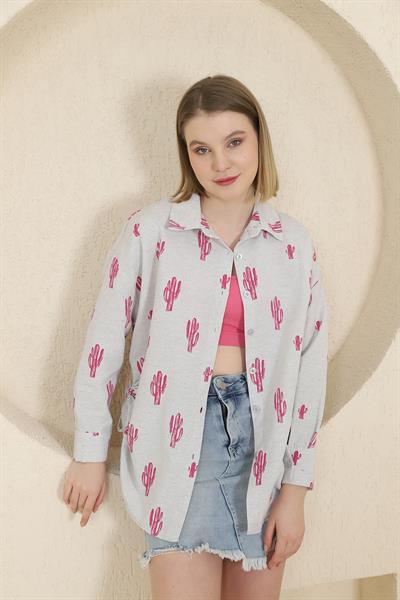 Yanları Sıkmalı Kaktüs Baskı Keten Gömlek