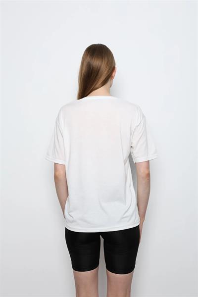 Yaprak Desenli Bisiklet Yaka Kısa Kol T-shirt