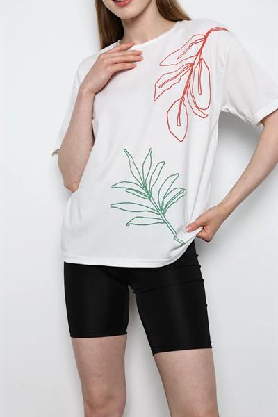 Yaprak Desenli Bisiklet Yaka Kısa Kol T-shirt