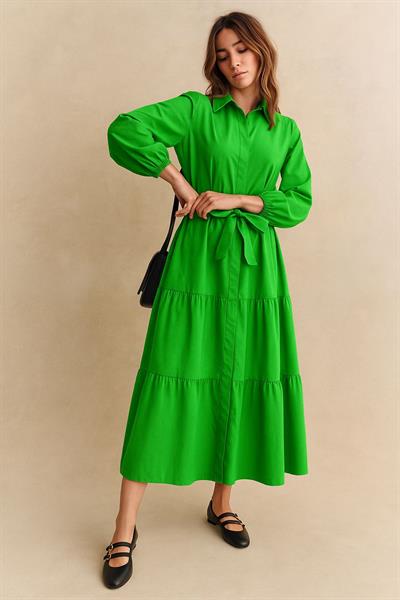 Yarım Düğmeli Kat Kat Elbise