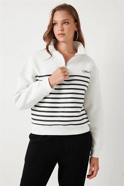 Yarım Fermuarlı Çizgili Sweat