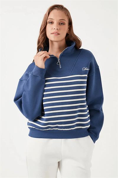 Yarım Fermuarlı Çizgili Sweat
