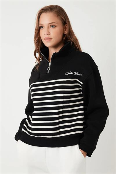 Yarım Fermuarlı Çizgili Sweat