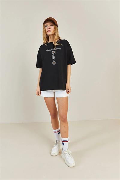 Yazı Baskılı Bisiklet Yaka T-shirt