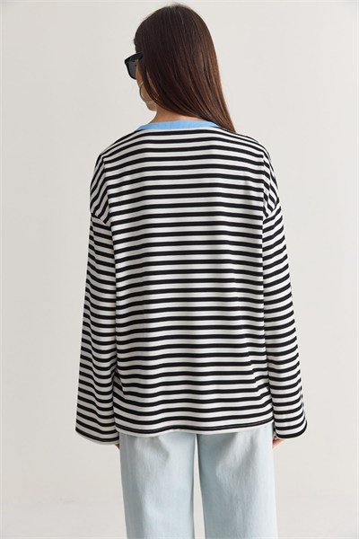 Yazı Baskılı Çizgili Bisiklet Yaka Oversize Uzun Kol Sweatshirt