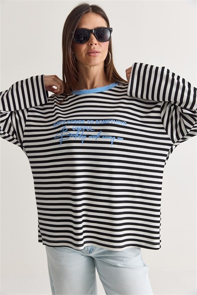 Yazı Baskılı Çizgili Bisiklet Yaka Oversize Uzun Kol Sweatshirt