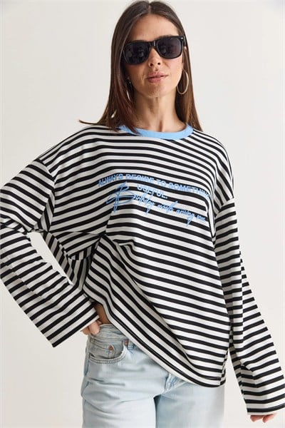 Yazı Baskılı Çizgili Bisiklet Yaka Oversize Uzun Kol Sweatshirt