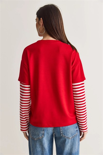 Yazı Baskılı Çizgili Katmanlı Kol Oversize Sweatshirt